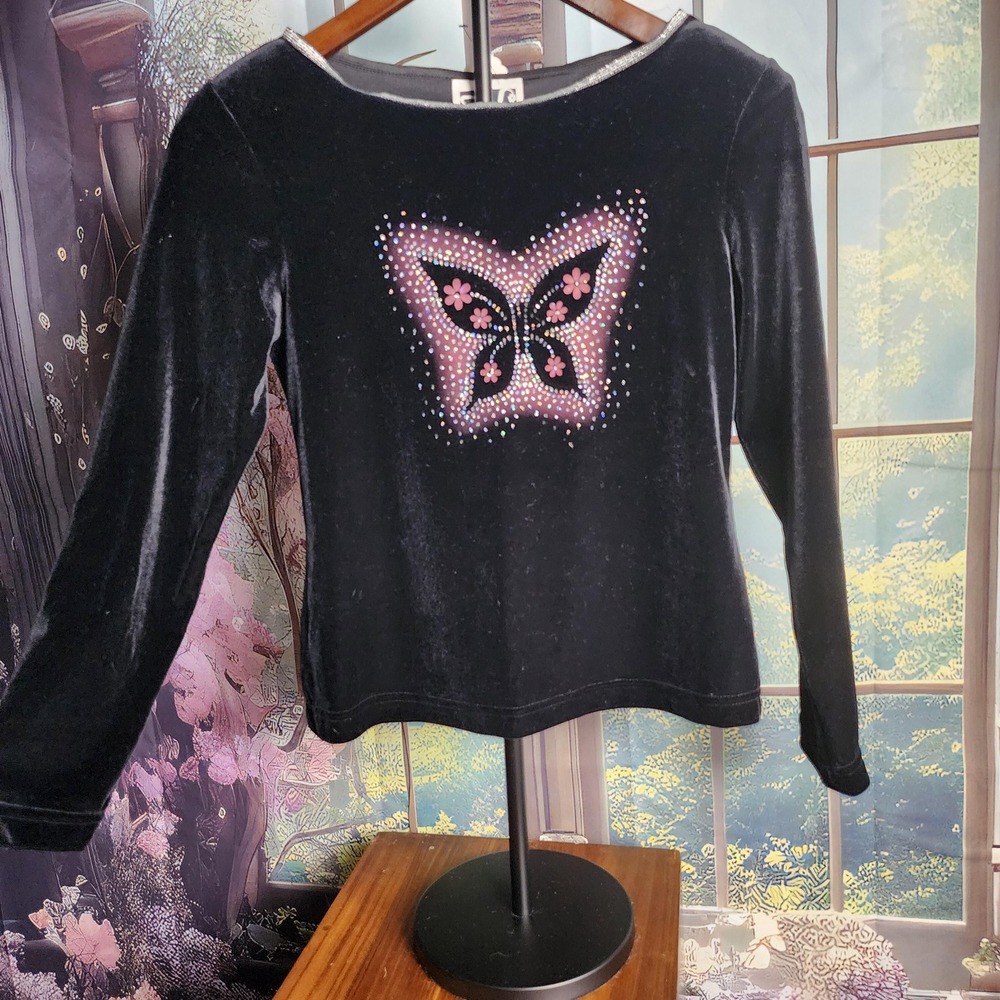 Velvet 90s butterfly top, scoop neck with silver hem accent, idyllic 90s fashion